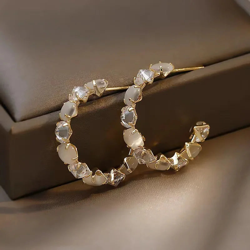 Vintage Gold Color Opal Hoop Earrings