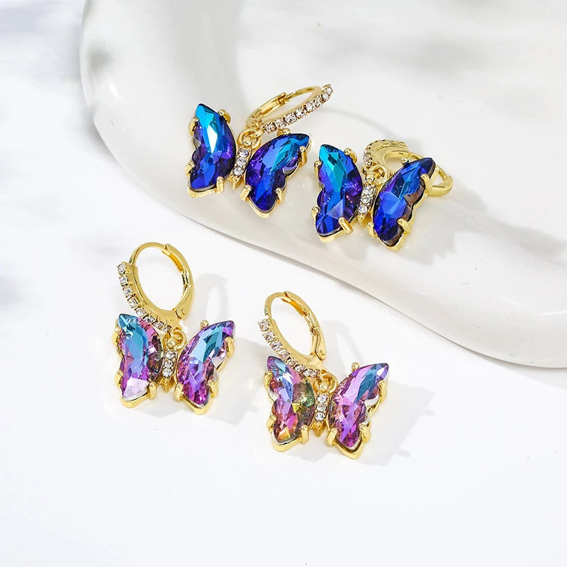 Korean Colored Crystal Butterfly Pendant Earrings
